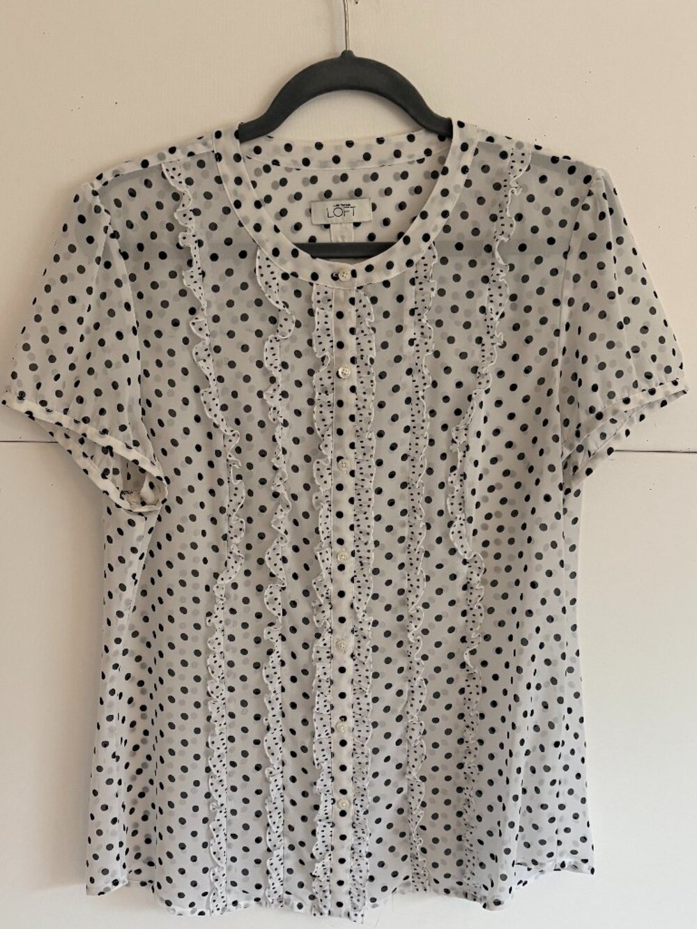 Loft White and Black Polka Dot Sheer Button-Front Ruffle Trim Blouse/Top Size 14 - Picture 2 of 7